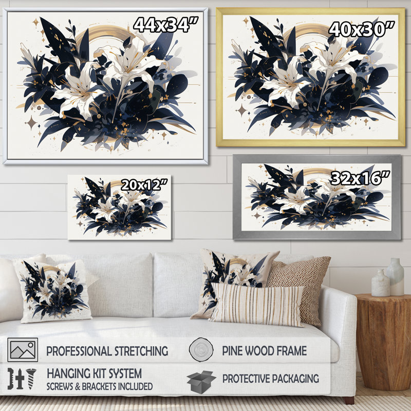 Décoration murale lis blanc et bleu - lis, Cadre simple noir, H 16 po x l 32 po x P 1 po
