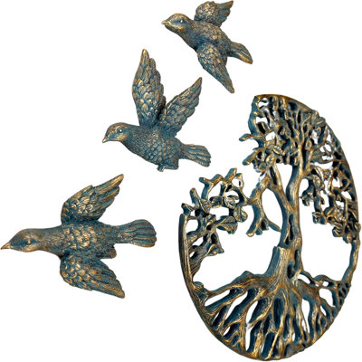 Tree Of Life Wall Plaque With 3 Free Flying Birds Decorative Celtic Spiritual Garden Art Sculpture