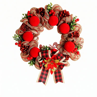 Couronne de Noël à carreaux rouge avec lumières Red Buffalo, couronne de porte avant illuminée de 15,7 pouces avec boules de velours, pommes de pin, baies rouges et nœud écossais pour la décoration des Fêtes