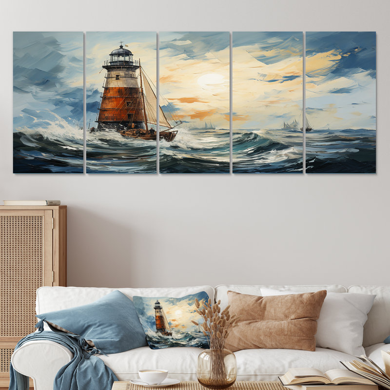 Phare de la mer orageuse II - 5 pièces, art mural, H 28 po x l 60 po