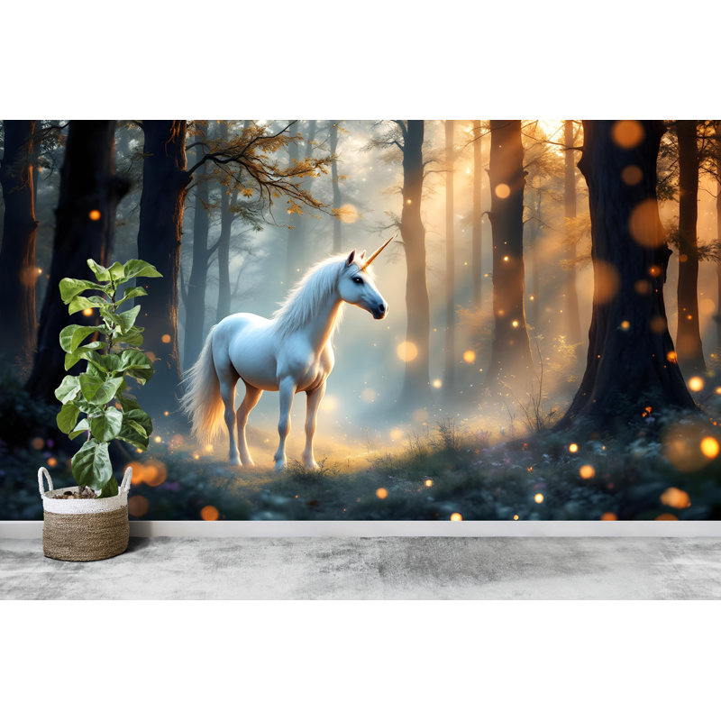 Licorne murale graphique peler et coller fille chambre papier peint auto-adhésif amovible de chambre de bébé (non tissé)