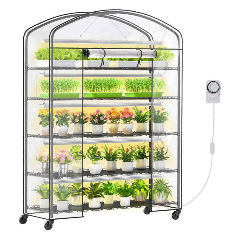 Portable 5-tier Greenhouse Metal Plant Stand With Grow Lights And Pvc Cover, Indoor/outdoor Use, 61" W x 21.6" D