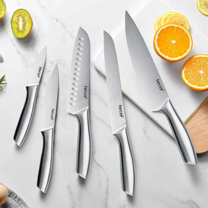 Hecef 5-Piece Kitchen Knife Set, Stainless Steel Blades Rust-Resistant Satin Finish with Sheaths, One-Piece Ergonomic Handles(Sets of 5)