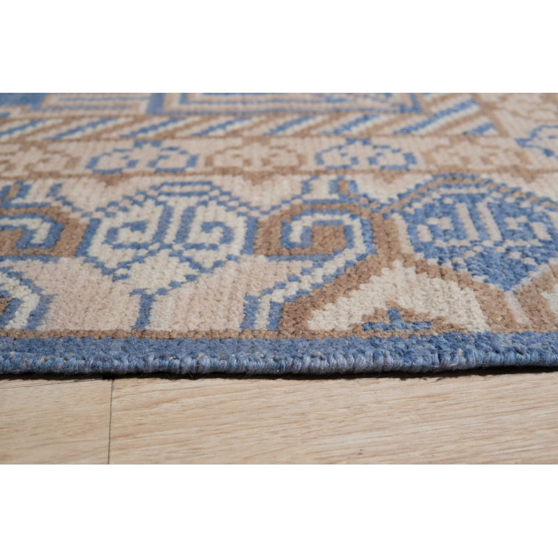 Blue Hand-Knotted Wool Circular Emblem Medallions Geometric Modern Contemporary Carpet Rug, 6' x 9'