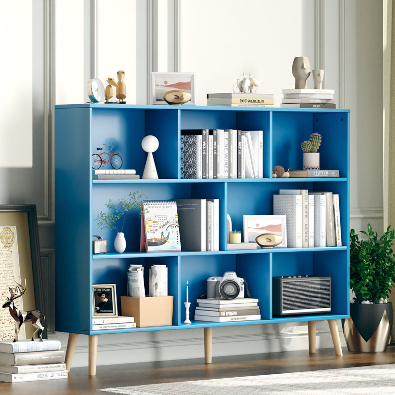 Jaen Solid and Manufactured Wood Cube Bookcase, (8 Shelves) 42.5" H x 55.1" W x 9.4" D, Blue