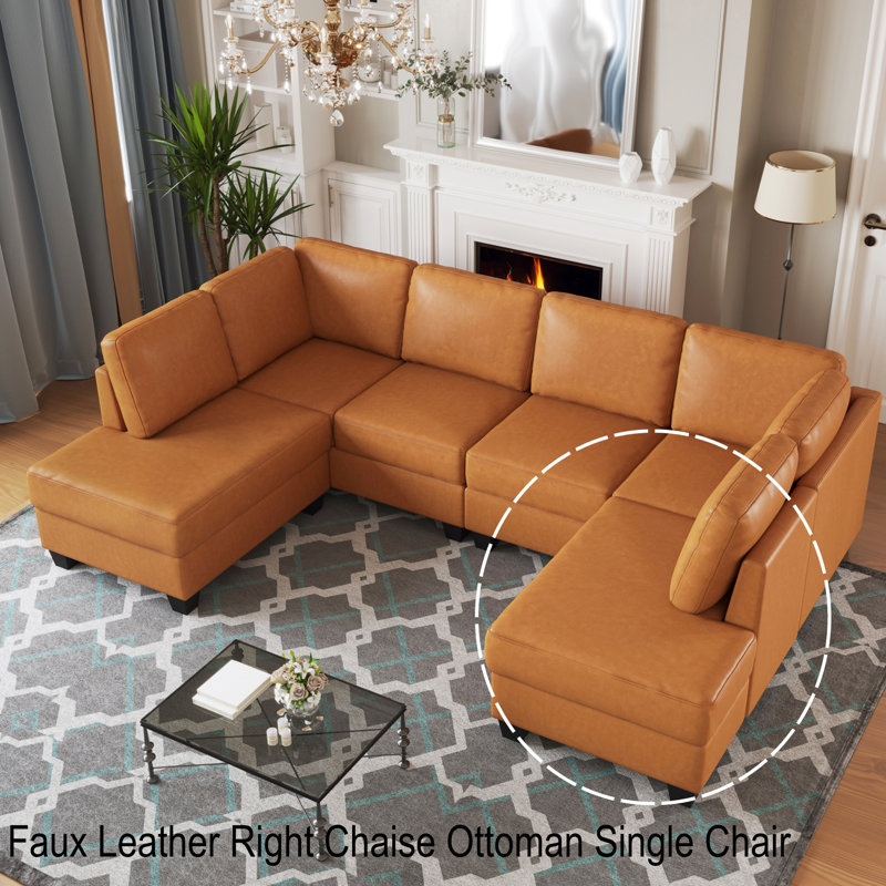 Faux Leather Right Chaise Ottoman Single Chair, Brown 
