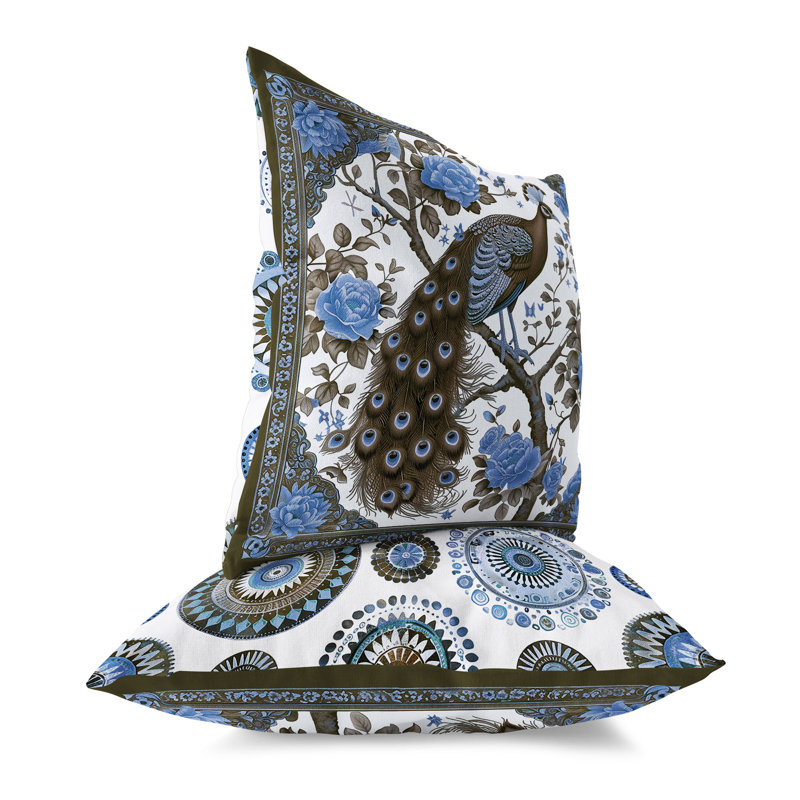 Coussin Peacock Mandala, Bleu / Orange, H 18 po x l 18 po