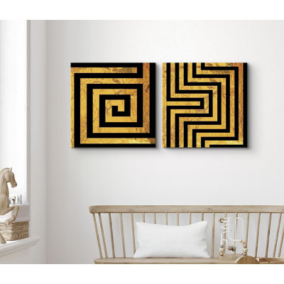 Geometric Line Black And Gold Spiral Maze On Canvas 2 Pieces Print