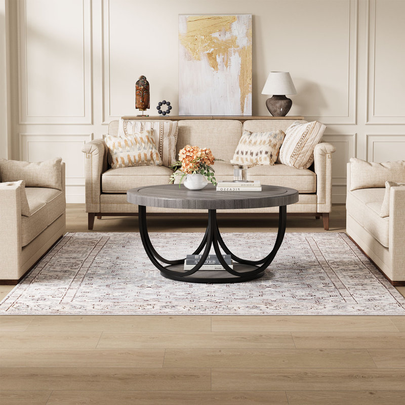 35.4" Round Coffee Table, 2 -Tier Accent Cocktail Table, Gray/Black