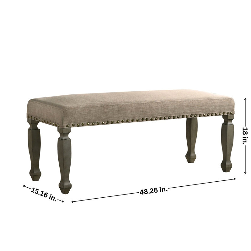 Antique Gray Finish Bench With Peaceful Tan Cushioned Seat And Nailhead Trim Upholstered In Soothing