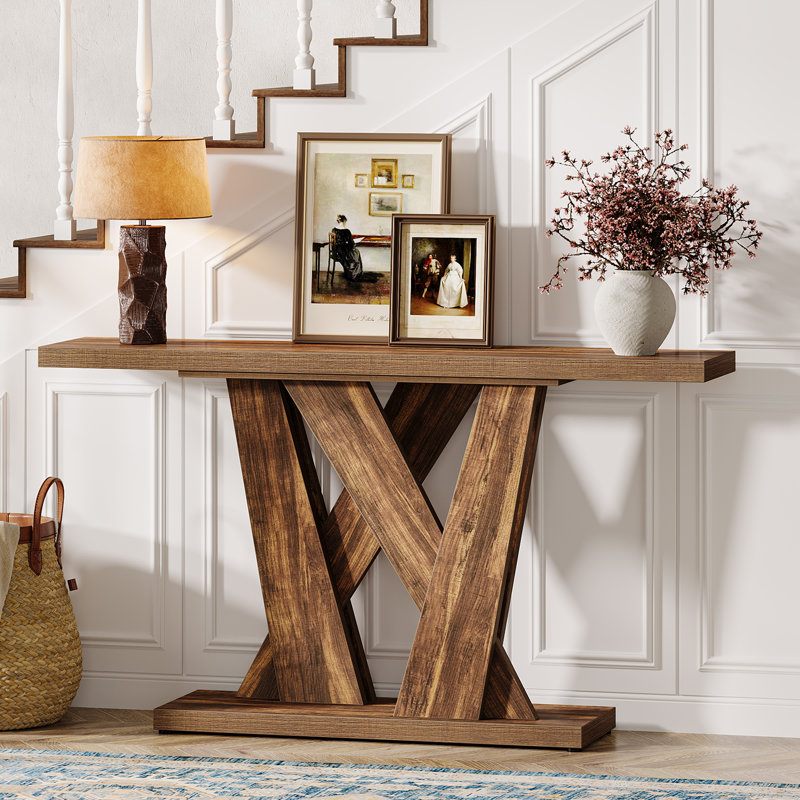 Rustic Brown 55'' Wood Console Table with Geometric Base