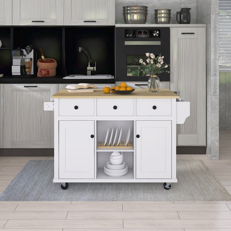 53.1" Rubber Wood Drop-Leaf Countertop Kitchen Cart With 5 Wheels With Storage Cabinet And 3 Drawers, White