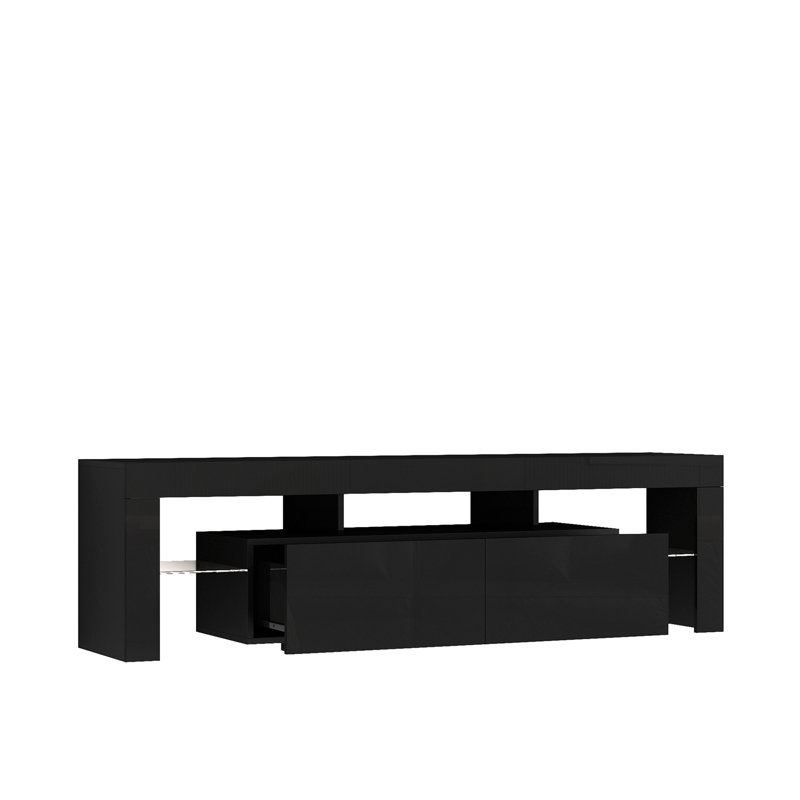 Meuble télé ultrabrillant avec lumières DEL pour téléviseur de 65 po ou moins, console de télévision moderne avec armoires de rangement pour le salon, noir