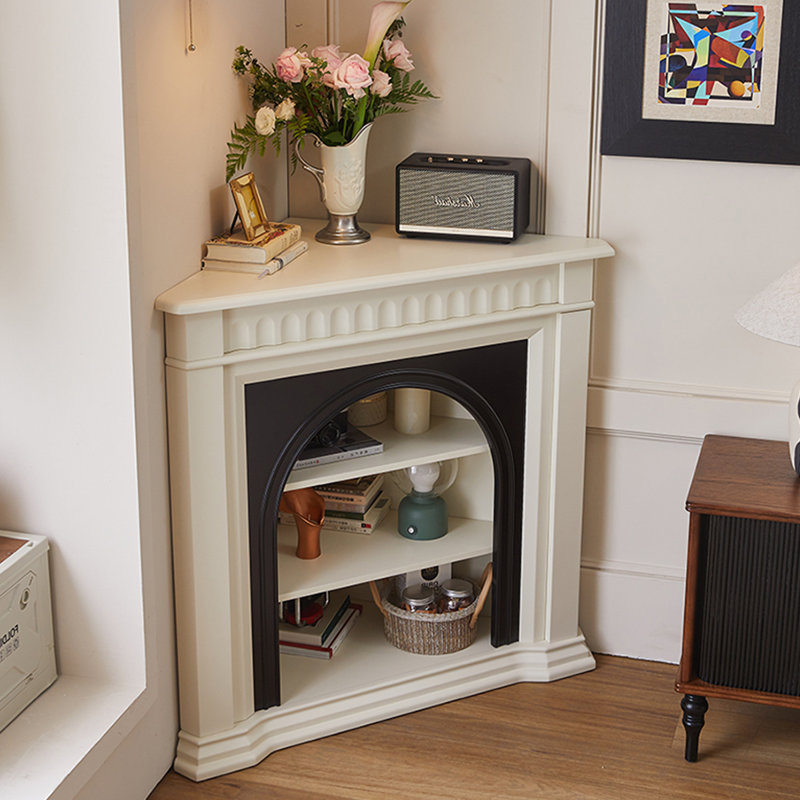 Beige + Black Solid Wood Freestanding Fireplace