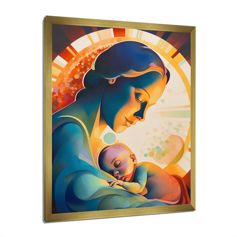 Ange gardien embrassant le bébé IV sur toile, H 20 po x l 12 po x P 1 po, Encadrement doré