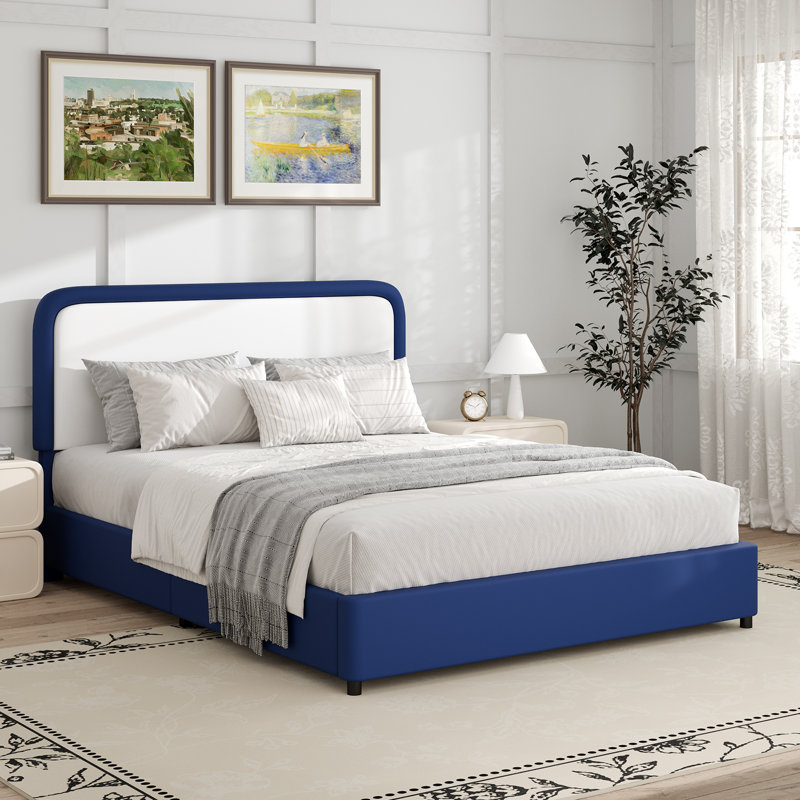 Bed Frame, Upholstered Platform Bed with Curved Headboard, Classic Color-Block Design, Soft Rounded Corners, No Box Spring Required, Easy Assembly