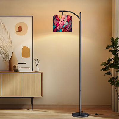 Arc Floor Lamp with Adjustable Lampshade Colorful stained glass window Abstract stained glass Art Standing Lamp 3 Color Temperatures Dimmable Tall Pole Lamp with Foot Switch for Bedroom