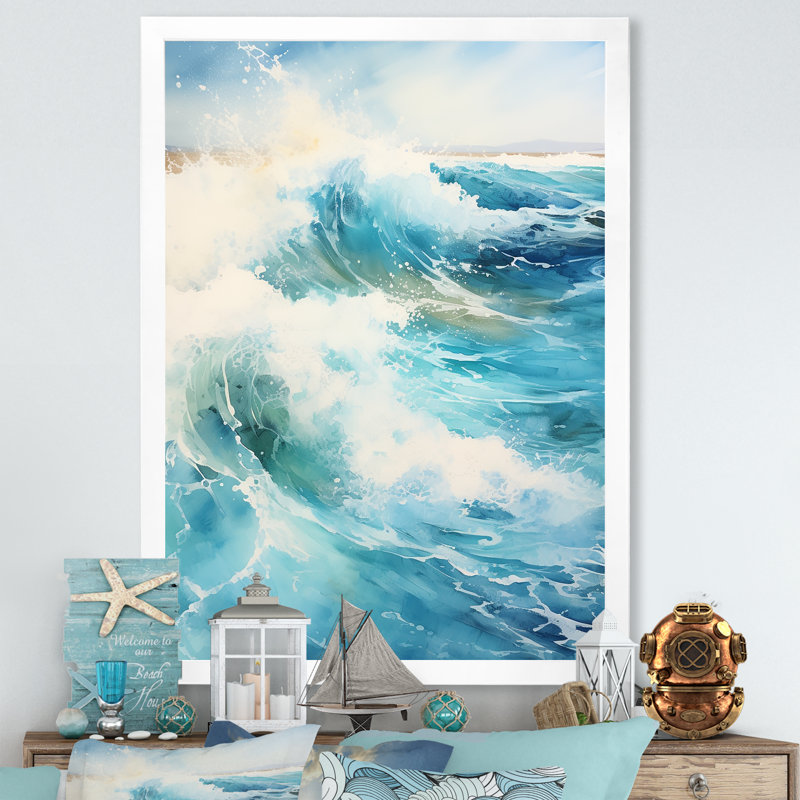 «Modern Coastal Collage Scenery», reproduction sur toile, Cadre simple blanc, H 20 po x l 12 po x P 1 po