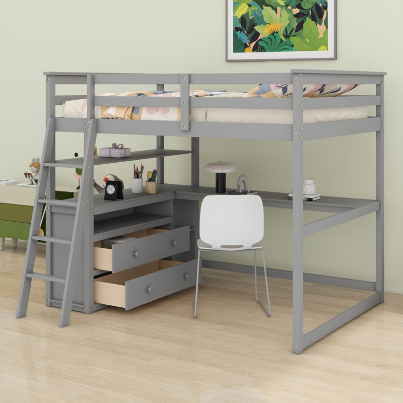 Loft Bed With Desk And Shelves,Drawers, Gray