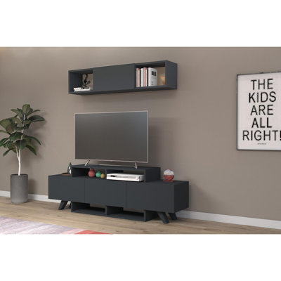 Modern Anthracite TV Unit with Wall Shelf, 59.1 x 19.3 x 12.4 inches | 100% Melamine Coated Particle Board, Thickness: 0.7 inches | Stylish Design for Living Room, Durable & Functional Storage Solution