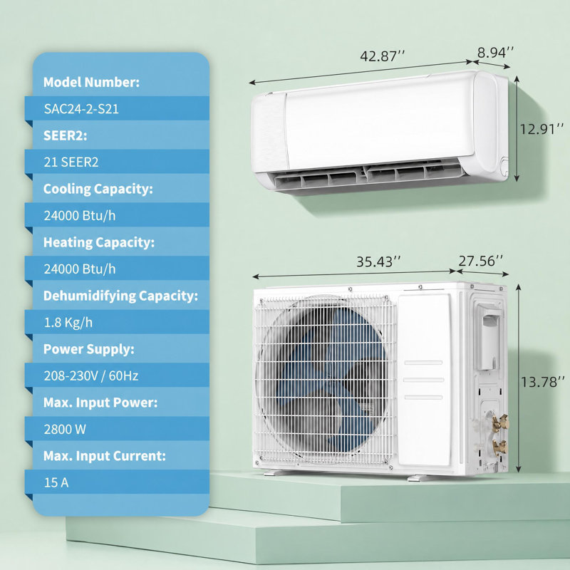 21 SEER2 24 000 BTU Mini pompe à chaleur alternative et à chaleur divisée, refroidit / chauffe jusqu'à 1500 pieds carrés, 230 V