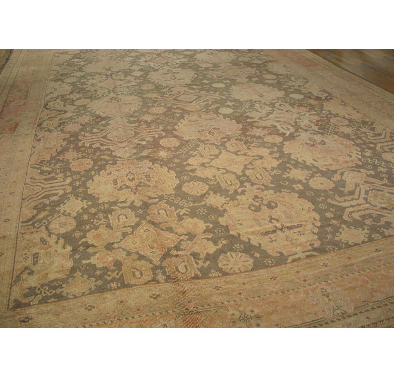 1910 Gray Brown Pink Allover Antique Turkish Oushak Carpet 16' x 21'6" Wool Rug