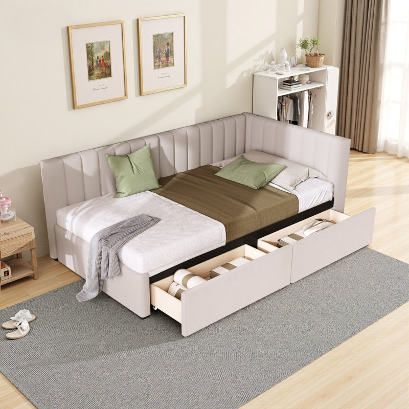 Lit de jour avec 2 tiroirs de rangement, Beige