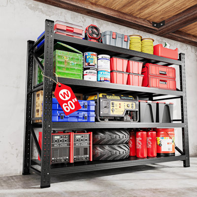 60.0" W Heavy Duty 4-Tier Steel Shelves - Adjustable Storage Rack For Garage, Warehouse, Pantry & Toolsheds