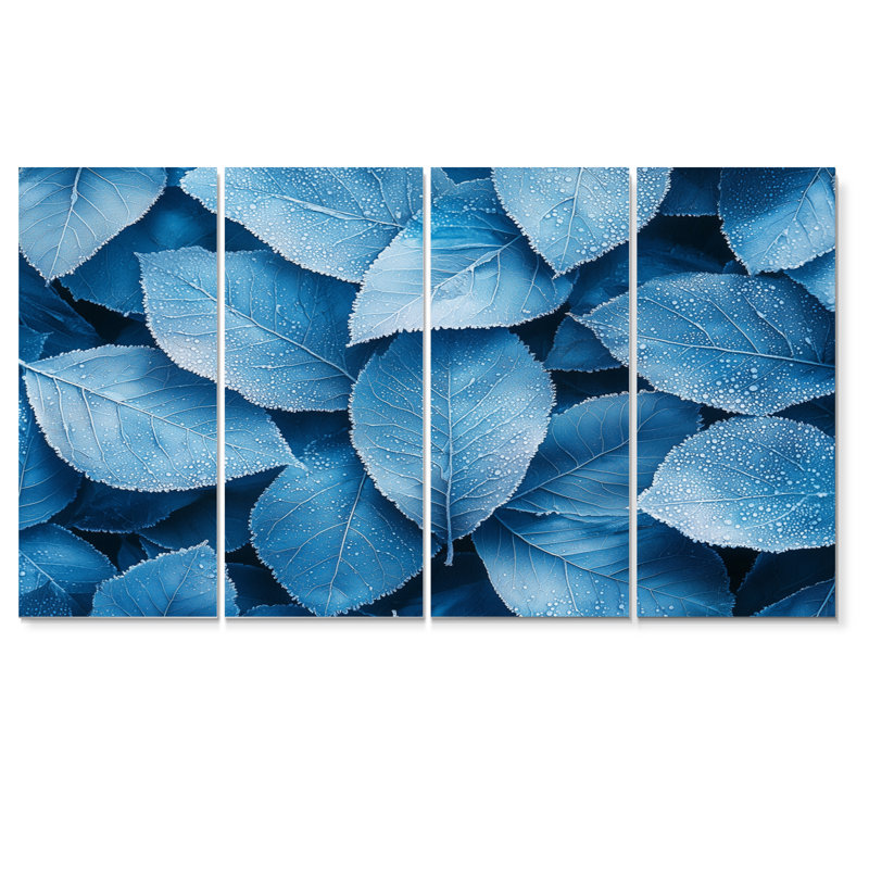 Frost feuilles bleues Tranquitt I - art bleu - ensemble de décoration murale traditionnelle, H 28 po x l 48 po, 4