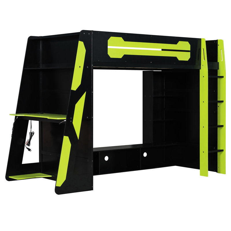 - Lit mezzanine simple conçu avec éclairage, bureau et rangement, sous la zone pour le divertissement de la console, option de travail et de jeu tout-en-un en bois, tablettes, travail conçu, espace de jeu