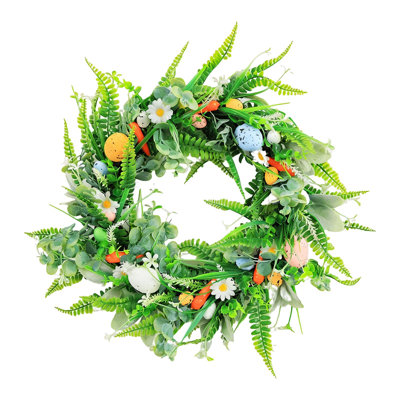 Couronne de Pâques de 45 cm (18 po) pour porte d'entrée, couronne d'œufs artificiels avec fleurs et feuilles vertes, couronne florale printanière pour décoration intérieure et extérieure, 45 cm