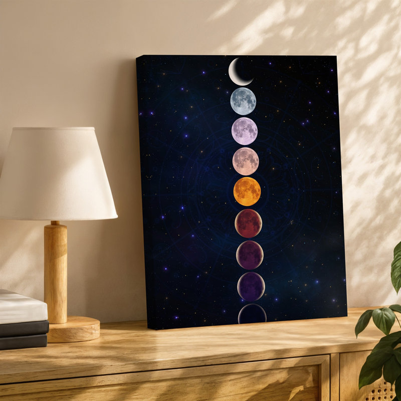La toile crée une illustration visuellement saisissante mettant en vedette une série de phases d'art mural lunaires disposées verticalement contre une toile étoilée sombre