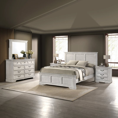 Ailany Traditional Wood Panel Bed With Dresser, Mirror, Two Nightstands, Antique Walnut Finish