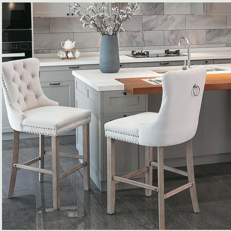 Velvet Upholstered Bar stools with Chrome Nailhead Trim and Wooden Legs (Beige,Set of 2), Beige