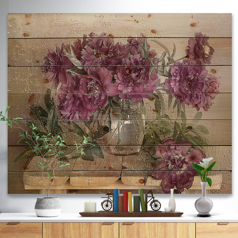 Bouquet de pivoines roses - impression, H 15 po x l 20 po x P 1 po, Bois