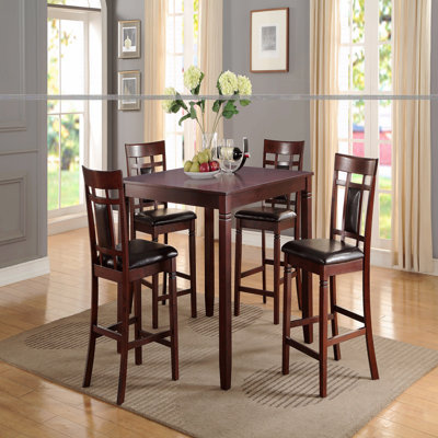 Modern Contemporary 5-Piece Counter Height Dining Set Cherry / Brown Finish Unique Eyelet Back 4 X Dining Chairs