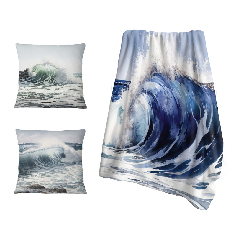 Ensemble de couverture et de coussin Ocean Beach, Jeté avec deux coussins (ensemble de 3 pièces)