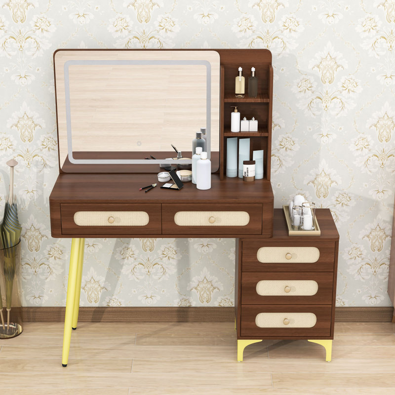 Coiffeuse de maquillage avec miroir, lumières, 5 tiroirs et tablette de rangement, Noyer foncé