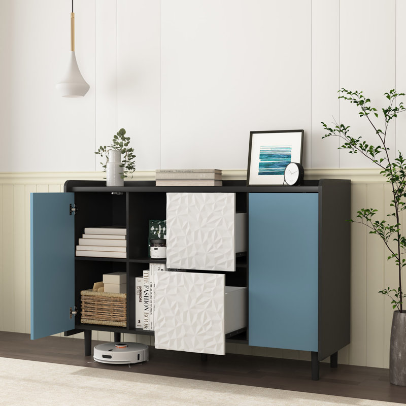 Buffet moderne avec buffet, porte, 2 tiroirs et 2 rangements ouverts, Noir / Bleu, H 31,5 po x l 47,2 po x P 15,7 po