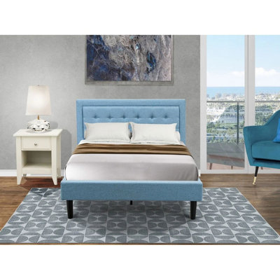 Ensemble de chambre à coucher double 2 pièces avec 1 lit double et une table de chevet - Fabrication fiable et durable - Tissu en lin bleu denim