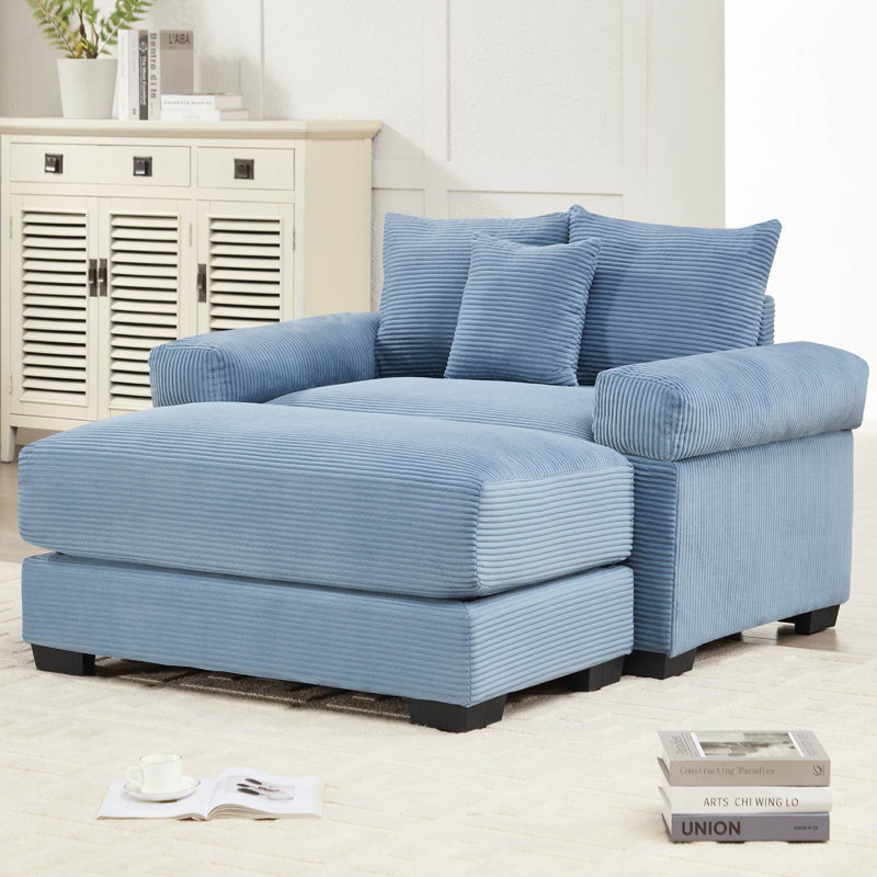 Canapé rembourré en velours côtelé avec repose-pieds, Bleu