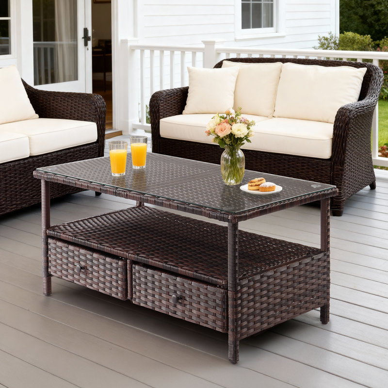 Elegant Brown Wicker Side Table With Double Shelves And Two Drawers