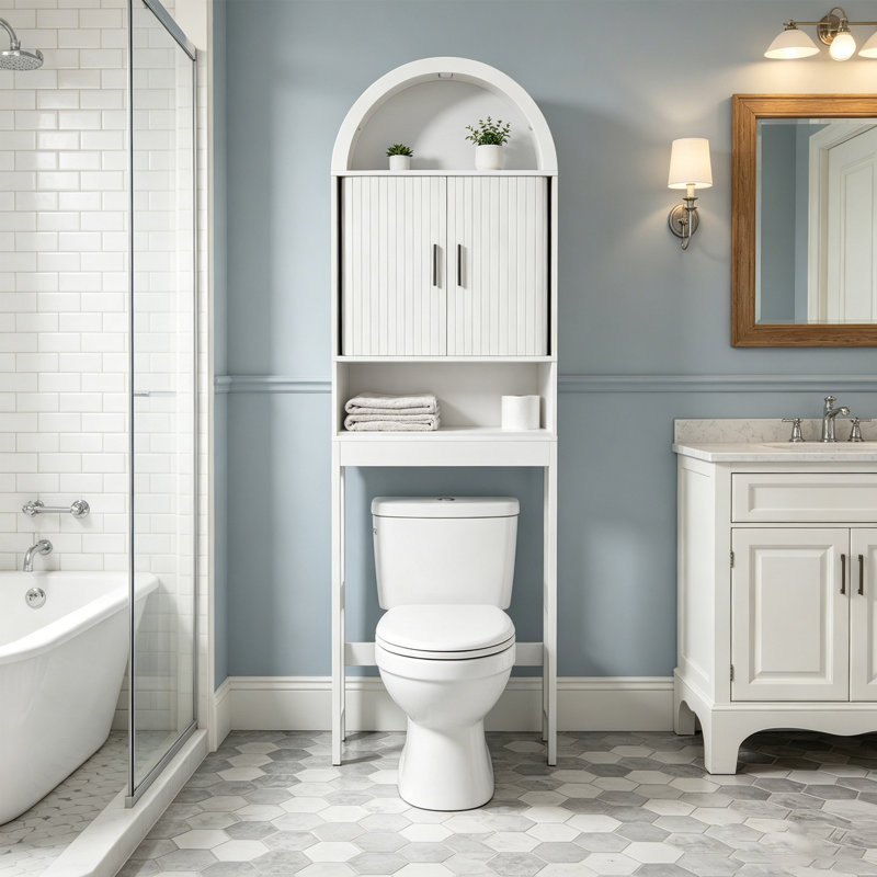 Armoire de rangement arquée au-dessus de la toilette avec 2 portes coulissantes et tablette réglable anti-basculement, blanc