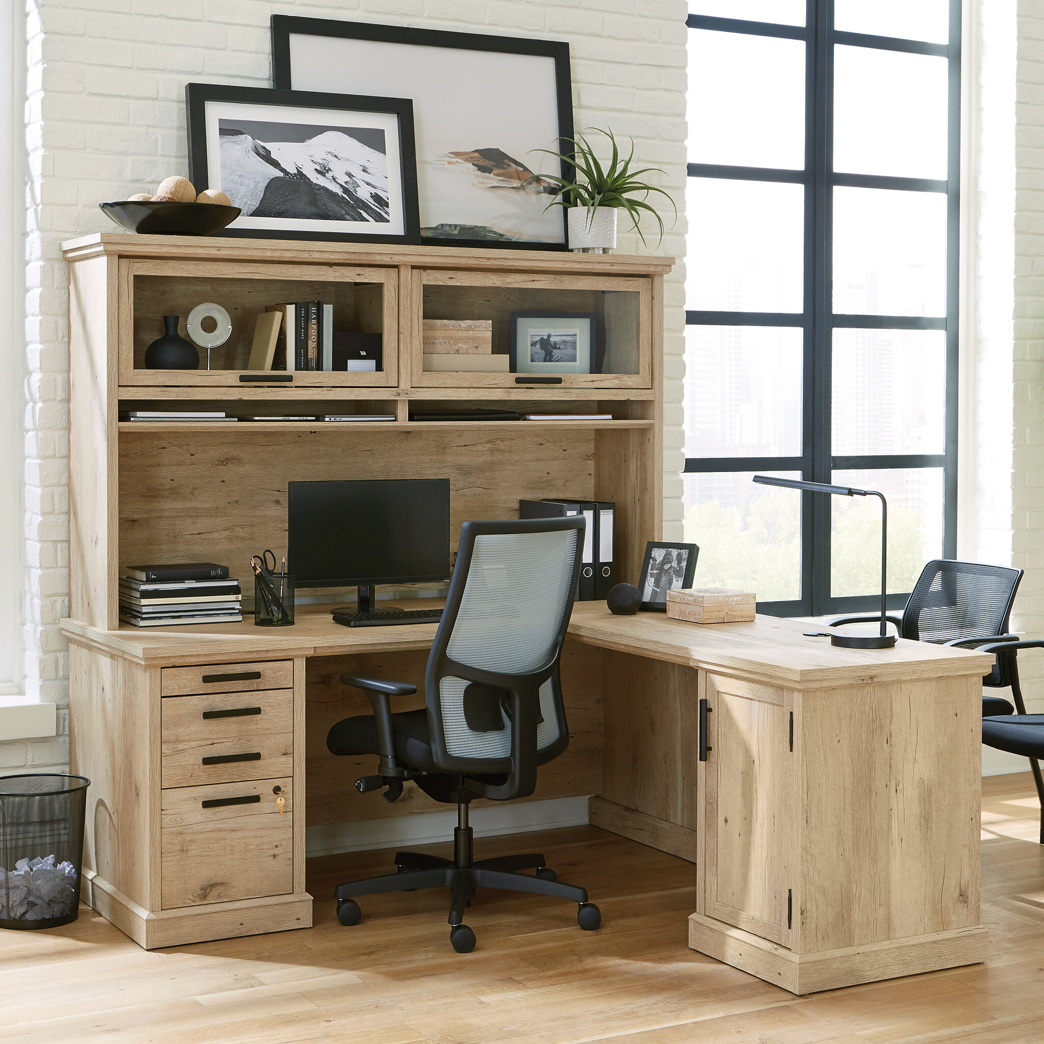 Via Single Pedestal L-Shaped Desk with Storage Hutch - 60W by Sauder  Commercial Extensions