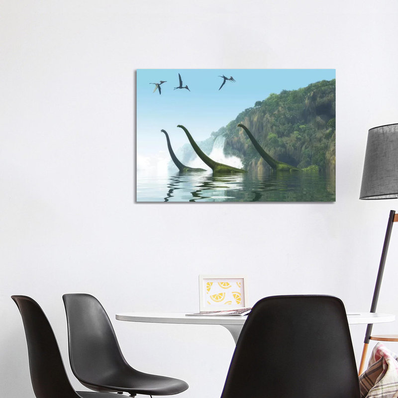 Two Adult Mamenchisaurus Dinosaurs Escort A Youngster Across A River by Corey Ford - Wrapped Canvas Gallery-Wrapped Canvas Giclée