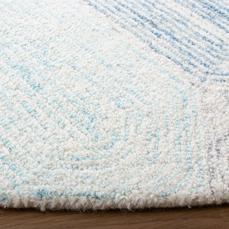 Tapis en laine / coton touffeté à la main Kohut en ivoire / bleu, Rectangle 8 pi x 10 pi