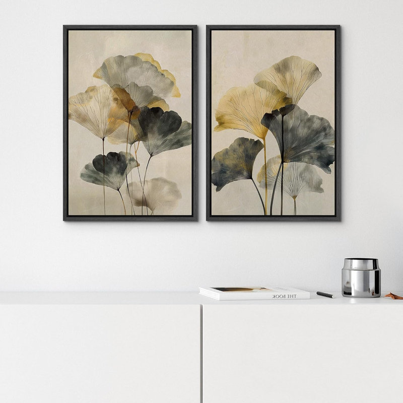 «Gold Ginkgo Leaf», art botanique neutre minimaliste moderne, impression sur toile, Cadre noir, H 36 po x l 24 po