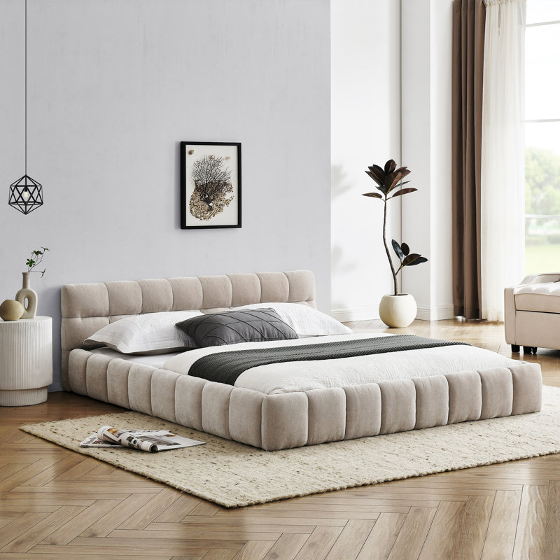 Structure de lit tapissier grand format en chenille avec tissu épais, aucun sommier nécessaire, design moderne robuste et élégant