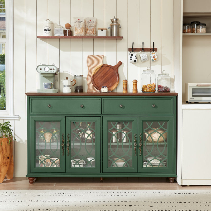 Farmhouse Sideboard Buffet Cabinet With Storage,59" Large Credenza With 4 Glass Doors & 2 Drawers,Adjustable Shelves Console Table,Wood Kitchen Coffee Bar For Dining Room,Living Room