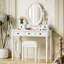Ensemble de coiffeuse avec miroir à angle réglable, ensemble de coiffeuse et tabouret rembourré avec doublure en velours 5 tiroirs, ensemble de coiffeuse en bois pour la chambre à coucher, blanc